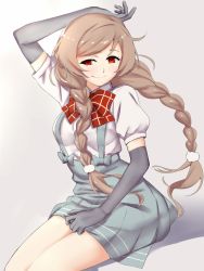 Rule 34 | 1girl, bow, bowtie, braid, brown eyes, commentary request, cowboy shot, elbow gloves, gloves, grey background, grey gloves, highres, kantai collection, light brown hair, long hair, looking at viewer, minegumo (kancolle), plaid, plaid bow, plaid bowtie, plaid neckwear, pleated skirt, red bow, red bowtie, shingyou (alexander-13), shirt, short sleeves, simple background, sitting, skirt, smile, solo, suspenders, twin braids, white shirt