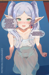 Rule 34 | 1girl, araneesama, black panties, blush, breasts, commentary, dangle earrings, dress, earrings, elf, english commentary, english text, feet out of frame, frieren, green eyes, grey hair, highres, indoors, jewelry, looking at viewer, medium breasts, navel, nipples, panties, parted bangs, pointy ears, see-through, see-through dress, solo, sousou no frieren, speech bubble, standing, string panties, sweat, thick eyebrows, thigh gap, thighs, twintails, underwear, white dress