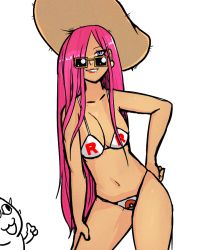 Rule 34 | 1girl, 34no404, alternate hairstyle, bikini, blue eyes, breasts, cleavage, contrapposto, creatures (company), earrings, game freak, gen 1 pokemon, hair down, hair over one eye, hand on own hip, hand on thigh, hat, jessie (pokemon), jewelry, lipstick, long hair, makeup, meowth, nintendo, pink hair, pokemon, pokemon (anime), pokemon (creature), simple background, solo, standing, sun hat, sunglasses, swimsuit, team rocket, thumbs up, very long hair