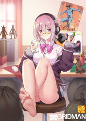 Rule 34 | 1girl, absurdres, alexis kerib, barefoot, bow, bowtie, boxcutter, breasts, chair, cleavage, closed mouth, collared shirt, commentary request, computer, computer tower, desk, drink, drinking straw, feet, figure, gridman universe, headphones, heiz, highres, holding, holding drink, indoors, jacket, knees up, large breasts, long sleeves, looking at viewer, medium breasts, milk carton, monitor, paintbrush, poster (object), purple bow, purple bowtie, purple jacket, school uniform, shinjou akane, shirt, sitting, smile, soles, solo, ssss.gridman, sunglasses, trash bag, white shirt
