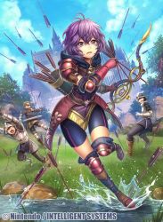 Rule 34 | 1girl, 3boys, armor, arrow (projectile), bernadetta von varley, bike shorts, blue sky, bow (weapon), castle, cloud, company name, copyright name, day, fire emblem, fire emblem: three houses, fire emblem cipher, fumi (butakotai), gloves, grass, grey eyes, helmet, holding, holding arrow, holding bow (weapon), holding sword, holding weapon, multiple boys, nintendo, official art, open mouth, outdoors, purple hair, quiver, rock, short hair, sky, solo focus, sword, tearing up, thigh gap, tree, water, weapon