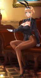 Rule 34 | 1girl, animal ears, aqua eyes, black jacket, black leotard, blonde hair, blunt bangs, blush, bow, bowtie, braid, breasts, cleavage, couch, covered navel, damegane, detached collar, eyelashes, fake animal ears, felicia (damegane), french braid, gloves, high heels, highres, hip focus, indoors, jacket, lamp, large breasts, legs, leotard, looking at viewer, open clothes, open jacket, original, pantyhose, pillow, playboy bunny, rabbit ears, rabbit girl, rabbit tail, sitting, smile, solo, tail, thighs, white gloves