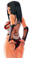 Rule 34 | 1girl, adjusting clothes, ass, benikage, black hair, blush, breasts, brown eyes, fishnet top, fishnets, from behind, large breasts, looking back, ninja, rumble roses, sideboob, simple background, solo, white background