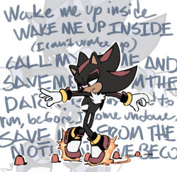 Rule 34 | 1boy, :|, animal ears, animal nose, closed mouth, dancing, english text, evan stanley, evanescence, figure skating, frown, furry, furry male, gloves, highres, jewelry, lyrics, male focus, meme, multicolored hair, red eyes, ring, shadow the hedgehog, shoes, sonic (series), streaked hair, tail, wake me up inside (meme), white background, white gloves, yellow bracelet