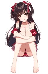 Rule 34 | bad id, bad twitter id, bare shoulders, barefoot, bikini, black hair, blunt bangs, blush, breasts, brown eyes, cleavage, feet, heart, heart print, highres, idolmaster, idolmaster shiny colors, long hair, looking at viewer, mayuzumi fuyuko, medium breasts, misumi (macaroni), open mouth, red bikini, simple background, sitting, sketch, solo, swimsuit, two side up, white background