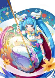 Rule 34 | 1girl, absurdres, ahoge, blue cape, blue dress, blue eyes, blue footwear, blue hair, boots, cape, closed mouth, commentary, cure sky, cut bangs, detached sleeves, dress, earrings, flag, flower, frilled dress, frills, gloves, green hair, highres, hirogaru sky! precure, holding, holding flag, jewelry, leaf, long hair, looking at viewer, magical girl, pink hair, precure, puffy detached sleeves, puffy sleeves, red cape, short dress, single sidelock, sleeveless, sleeveless dress, smile, solo, sora harewataru, squatting, thighhighs, twintails, two-sided cape, two-sided fabric, very long hair, white gloves, white thighhighs, window, wing hair ornament, yellow flower, yuutarou (fukiiincho)