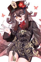 1girl black_dress black_hat brown_hair cowboy_shot dress flower genshin_impact hair_flower hair_ornament hand_on_own_chest hat highres hu_tao_(genshin_impact) long_hair morumoru_x one_eye_closed open_mouth solo teeth tongue upper_teeth_only