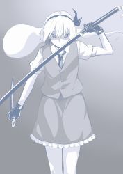 Rule 34 | &gt;:|, 1girl, :|, bow, buttons, closed mouth, collared shirt, commentary request, cowboy shot, gloves, hair between eyes, hair bow, hairband, hand up, holding, holding sheath, holding sword, holding weapon, katana, konpaku youmu, konpaku youmu (ghost), legs together, long sword, looking at viewer, monochrome, necktie, poronegi, shaded face, sheath, shirt, short hair, short sleeves, simple background, skirt, solo, standing, sword, touhou, unsheathed, v-shaped eyebrows, vest, weapon, white shirt