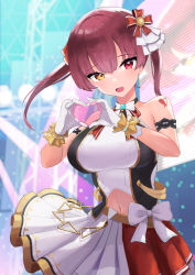 Rule 34 | 1girl, armband, bow, breasts, fang, gloves, halterneck, halterneck, heart, heart hands, heart tattoo, highres, hololive, hololive idol uniform, houshou marine, large breasts, navel, oritonagi, pleated skirt, red eyes, red hair, skin fang, skirt, solo, stage, stage lights, tattoo, twintails, upper body, virtual youtuber, white gloves, wrist cuffs, yellow eyes