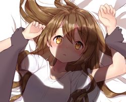 Rule 34 | 1girl, arms up, bad id, bad pixiv id, bed sheet, blush, breasts, brown eyes, brown hair, collarbone, fingernails, goyain, hair between eyes, holding another&#039;s wrist, long hair, looking at viewer, lying, on back, on bed, original, parted lips, pov, pov hands, shadow, shirt, short sleeves, small breasts, solo focus, upper body, white shirt
