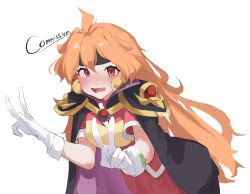 Rule 34 | 1girl, absurdres, ahoge, black cape, black headband, blush, breasts, cape, commentary, commission, cowboy shot, double v, fang, gloves, headband, highres, leaning forward, lina inverse, long hair, looking at viewer, medium bangs, open mouth, orange hair, pants, purple cape, red eyes, red pants, red shirt, shirt, shoulder pads, simple background, skin fang, slayers, small breasts, solo, terigumi, two-sided cape, two-sided fabric, v, very long hair, white background, white gloves