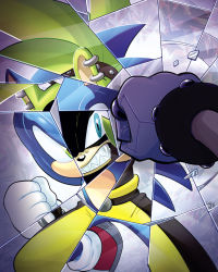 Rule 34 | 1boy, 1girl, blue eyes, broken mirror, clenched hand, clenched teeth, comic cover, commentary, cover image, english commentary, furry, furry female, furry male, gloves, green eyes, highres, idw publishing, mirror, official art, punching, sharp teeth, sonic (series), sonic the hedgehog, sonic the hedgehog (idw), surge the tenrec, teeth, thomas rothlisberger, white gloves