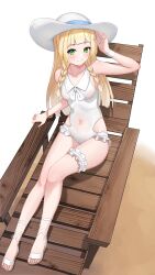 Rule 34 | 1girl, absurdres, alternate costume, blonde hair, blush, corniecorny, creatures (company), feet, game freak, green eyes, hat, highres, lillie (pokemon), md5 mismatch, nail polish, nintendo, one-piece swimsuit, pokemon, pokemon sm, resolution mismatch, sandals, smile, solo, source smaller, swimsuit, toes