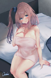 Rule 34 | 1girl, arm support, artist name, blue eyes, blush, breasts, brown hair, cleavage, closed mouth, collarbone, hand on own chest, huge breasts, kantai collection, long hair, looking at viewer, mani oniniku, naked towel, on bed, one side up, ponytail, saratoga (kancolle), sitting, smile, smokestack hair ornament, solo, towel, wet