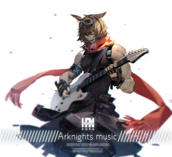 Rule 34 | 1boy, animal ears, arknights, armband, black gloves, black pants, brown hair, closed eyes, copyright name, courier (arknights), courier (elite ii) (arknights), dated, facing viewer, fingerless gloves, gloves, goggles, goggles on head, guitar, han-0v0, instrument, male focus, music, pants, playing instrument, red scarf, scarf, simple background, singing, sleeveless, white background