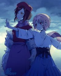 Rule 34 | 2girls, artist name, beret, blue hakama, blush, brown eyes, brown hair, closed mouth, collarbone, commission, copyright request, eyebrows hidden by hair, fur trim, hair between eyes, hakama, hakama skirt, hat, highres, japanese clothes, kimono, long sleeves, looking away, multiple girls, numbers (pigpenandpaper), outdoors, outstretched arm, pink hair, purple skirt, red eyes, red headwear, red shirt, scarf, shirt, short hair, signature, skirt, smile, striped clothes, striped scarf, watermark, white kimono, wide sleeves