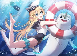 Rule 34 | 1girl, artist request, barefoot, black bow, black footwear, black sailor collar, black shorts, blonde hair, blue bow, blue eyes, bow, bridal garter, bubble, commentary request, dolphin, hat, high-waist shorts, highres, holding, holding swim ring, innertube, lifebuoy, long hair, looking at viewer, masterwork apocalypse, nautilus (masterwork apocalypse), open mouth, sailor collar, sailor hat, sandals, second-party source, shirt, shorts, sleeveless, sleeveless shirt, smile, solo, swim ring, underwater, v, very long hair, water, white hat, white shirt