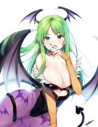 Rule 34 | 1girl, :o, absurdres, animal print, bad id, bad pixiv id, bare shoulders, bat print, bat wings, between legs, black nails, black wings, blue eyes, breasts, bridal gauntlets, cleavage, clothing cutout, collarbone, cowboy shot, demon girl, demon tail, dr poapo, eyebrows, fangs, green hair, hand to own mouth, head wings, heart, heart cutout, highleg, highleg leotard, highres, large breasts, leotard, long hair, morrigan aensland, nail polish, open mouth, pantyhose, print pantyhose, purple pantyhose, signature, simple background, solo, strapless, strapless leotard, sweat, tail, tail between legs, vampire (game), white background, wings