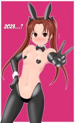 Rule 34 | 1girl, 2023, animal ears, black bow, black bowtie, black gloves, black pantyhose, blush, bow, bowtie, breasts, brown eyes, brown hair, chinese zodiac, closed mouth, collar, commentary, cowboy shot, detached collar, elbow gloves, embarrassed, empty eyes, fake animal ears, frown, girls und panzer, gloves, hair bow, hand on own hip, heart pasties, highres, kadotani anzu, long hair, looking at viewer, meme attire, navel, new year, outline, pantyhose, parted bangs, pasties, pink background, rabbit ears, reverse bunnysuit, reverse outfit, simple background, small breasts, solo, standing, tanaka rikimaru, twintails, v, white collar, white outline, wing collar, year of the rabbit