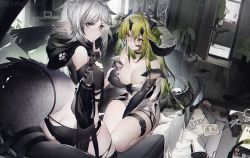 Rule 34 | 3girls, absurdres, arknights, ass, bare shoulders, black choker, black panties, breasts, butt crack, choker, commentary request, couch, covering privates, covering breasts, crocodilian tail, elbow gloves, estelle (arknights), female focus, gavial (arknights), gloves, green hair, grey eyes, grey gloves, hand up, highres, horns, huge filesize, index finger raised, indoors, large breasts, large tail, long sleeves, looking at viewer, multiple girls, panties, pointy ears, seiza, short hair, silver hair, sitting, skindentation, smile, standing, tail, thigh strap, thighs, tomimi (arknights), underwear, yushe quetzalli