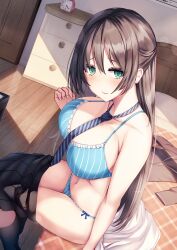 Rule 34 | 1girl, absurdres, bare arms, bare shoulders, bed, black skirt, blue bra, blue panties, blush, bra, breasts, cleavage, clock, closed mouth, collarbone, commentary request, from side, green eyes, highres, indoors, large breasts, liya, long hair, looking at viewer, navel, necktie, original, panties, pleated skirt, unworn shirt, sitting, skirt, solo, stomach, striped necktie, tagme, thighs, underwear