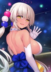Rule 34 | 1girl, backless outfit, blonde hair, breasts, dark-skinned female, dark skin, elbow gloves, gloves, hair ornament, halterneck, highres, hololive, hololive english, huge breasts, ishiusu, light brown hair, long hair, planet hair ornament, sideboob, sidelocks, skin tight, tsukumo sana, tsukumo sana (1st costume), twintails, underbust, very long hair, virtual youtuber, white gloves, yellow eyes