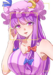 Rule 34 | 0002koko, 1girl, adapted costume, bare arms, blue bow, blue ribbon, blush, bow, breasts, camisole, cleavage, collarbone, commentary request, hat, highres, large breasts, long hair, mob cap, open mouth, parted lips, patchouli knowledge, purple camisole, purple eyes, purple hair, purple hat, purple shirt, purple tank top, red bow, red ribbon, ribbon, shirt, sidelocks, simple background, sleeveless, sleeveless shirt, solo, striped clothes, striped shirt, tank top, touhou, upper body, very long hair, white background