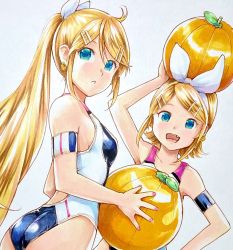Rule 34 | 2girls, :o, aged up, arm up, armband, ball, beachball, bikini, blonde hair, bow, commentary, competition swimsuit, dual persona, earrings, fang, food, food-themed earrings, from side, fruit, hair bow, hair ornament, hairclip, hand on own hip, highres, holding, holding ball, holding beachball, jewelry, kagamine rin, long hair, looking at viewer, marker (medium), mayo riyo, multiple girls, object on head, one-piece swimsuit, open mouth, orange (fruit), ponytail, short hair, smile, swept bangs, swimsuit, traditional media, upper body, very long hair, vocaloid, white bow