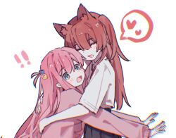 Rule 34 | !, !!, 2girls, animal ears, artist request, black skirt, blue eyes, bocchi the rock!, cardigan, cat ears, chinese commentary, closed eyes, commission, cropped, gotoh hitori, heart, hug, kemonomimi mode, kita ikuyo, light blush, long hair, long sleeves, multiple girls, one side up, open mouth, pink cardigan, pink hair, red hair, school uniform, second-party source, short sleeves, simple background, skirt, smile, spoken heart, straight hair, upper body, variant set, white background, yuri