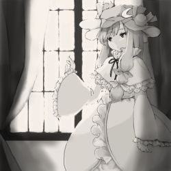 Rule 34 | 1girl, bad id, bad pixiv id, bow, crescent hat ornament, curtains, dress, expressionless, female focus, greyscale, hair bow, hat, hat ornament, indoors, long sleeves, mob cap, momose sumomo, momosesumomo, monochrome, patchouli knowledge, sidelocks, solo, standing, touhou, window