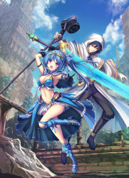 Rule 34 | 1boy, 1girl, armor, armpits, bikini, bikini armor, bikini top only, black hair, black legwear, blue bikini, blue capelet, blue hair, blue skirt, boots, breasts, capelet, cleavage, cloak, cloud, cloudy sky, commentary request, day, greaves, hair between eyes, hair ribbon, highleg, highleg panties, highres, holding, holding staff, holding sword, holding weapon, hood, hooded capelet, leg up, looking at viewer, medium breasts, navel, official art, open mouth, original, outstretched arms, panties, pants, plaid, plaid skirt, pointing, pointing at viewer, purple eyes, red eyes, ribbon, ruins, showgirl skirt, side ponytail, sidelocks, skirt, sky, smile, staff, swept bangs, swimsuit, sword, tenmaso, tiara, underwear, v-shaped eyebrows, weapon, white cloak, white skirt