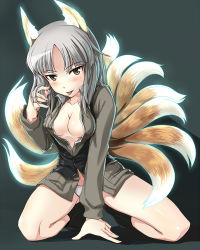 Rule 34 | 10s, 1girl, animal ears, brave witches, breasts, cleavage, edytha rossmann, fox ears, fox tail, hi-ho-, large breasts, multiple tails, naughty face, no bra, no pants, open clothes, open shirt, panties, saliva, shirt, silver hair, solo, squatting, strike witches, tail, tongue, underwear, world witches series