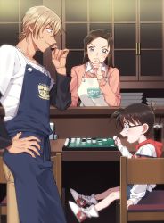 Rule 34 | 1girl, 2boys, :d, amuro tooru, apron, black-framed eyewear, blonde hair, blue apron, blue eyes, blue shorts, blurry, blush, board game, brown hair, brown pants, cardigan, chair, child, closed mouth, clothes writing, collared shirt, commentary request, depth of field, edogawa conan, employee uniform, enomoto azusa, forehead, glasses, green eyes, hair between eyes, hand on own hip, hand up, holding, hood, hood down, hoodie, indoors, k (gear labo), layered sleeves, long hair, long sleeves, meitantei conan, multiple boys, nervous smile, on chair, open mouth, pants, pink cardigan, playing games, reversi, shirt, shoes, short hair, short over long sleeves, short sleeves, shorts, sitting, smile, sneakers, socks, standing, sweatdrop, table, tray, uniform, white apron, white hoodie, white legwear, white shirt