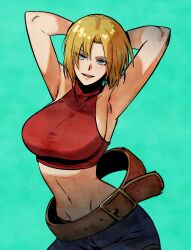 Rule 34 | 1girl, armpits, arms behind head, blonde hair, blue eyes, blue mary, breasts, denim, fatal fury, half-closed eyes, highres, jeans, large breasts, legs, looking at viewer, midriff, navel, one eye closed, pants, parted lips, seductive gaze, seductive smile, short hair, sideboob, smile, snk, solo, the king of fighters, thighs, wide hips, wink