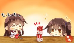 Rule 34 | 2girls, :&gt;, akagi (kancolle), bad id, bad twitter id, brown eyes, brown hair, candy, closed eyes, commentary request, dice, eating, food, kaga (kancolle), kantai collection, long hair, multiple girls, nontraditional miko, side ponytail, smile, stack, table, taisa (kari), tasuki, upper body, yellow background
