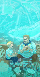 Rule 34 | 2boys, aged down, artist name, black pants, blonde hair, blue eyes, child, coral, curly eyebrows, facial hair, family, fish, goatee, highres, holding, holding knife, hrast-ika, knife, long mustache, looking at another, male focus, manta ray, multiple boys, mustache, one piece, open mouth, pants, peeling, potato, prosthesis, prosthetic leg, red-leg zeff, sanji (one piece), shark, shirt, short hair, short sleeves, sideburns, sitting, smile, squid, swordfish, talking, teeth, tropical fish, white shirt