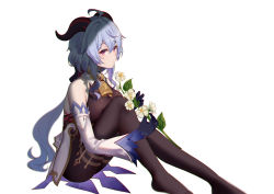Rule 34 | 1264222972, 1girl, absurdres, ahoge, bare shoulders, bell, blue hair, bodystocking, chinese commentary, closed mouth, commentary request, cowbell, detached sleeves, flower, ganyu (genshin impact), genshin impact, gloves, goat horns, hair between eyes, highres, holding, holding flower, horns, knee up, long hair, looking at viewer, no shoes, purple eyes, qilin (mythology), sideways glance, sitting, solo, takeuchisekei, taut clothes, very long hair, white background