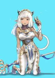 Rule 34 | 1girl, :o, absurdres, animal ears, ash (fire emblem), bare shoulders, black horns, blue background, blunt bangs, blush, breasts, brown eyes, commentary, cow ears, cow girl, cow horns, cow tail, dark-skinned female, dark skin, dress, elbow gloves, fingerless gloves, fire emblem, fire emblem heroes, gloves, gold trim, highres, holding, holding staff, holding tail, holding weapon, horns, howaito gyuunyuu, index finger raised, kneeling, large breasts, lips, long hair, looking at viewer, nintendo, pants, pelvic curtain, pink lips, shadow, simple background, sleeveless, sleeveless dress, solo, staff, tail, tight clothes, tight pants, weapon, white dress, white gloves, white hair, white pants