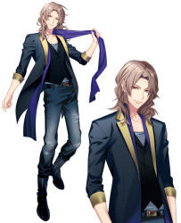 Rule 34 | 10s, 1boy, arms at sides, boots, brown hair, dynamic chord, fujiwara ryo (game artist), hanabusa tokiharu, honeybee (otome), male focus, multiple views, official art, pulling own clothes, scarf, shoes, simple background, sleeves rolled up, smile, standing, torn clothes, wavy hair, white background