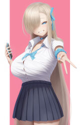 Rule 34 | 1girl, absurdres, asuna (blue archive), black skirt, blue archive, blue eyes, blue ribbon, blush, breasts, cellphone, choker, collared shirt, dress shirt, grin, hair over one eye, hair ribbon, highres, large breasts, light brown hair, long hair, looking at viewer, masatoki, phone, pleated skirt, ribbon, scrunchie, shirt, skirt, sleeves rolled up, smile, solo, v, very long hair, white shirt, wrist scrunchie