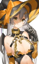 Rule 34 | 1girl, bad id, bad pixiv id, bare shoulders, black gloves, black hat, blush, bow, breasts, brown eyes, chain, cleavage, commentary, gloves, grey hair, hair between eyes, halloween, hat, hat bow, heart, highres, large breasts, looking at viewer, orange bow, orange hat, original, simple background, solo, tongue, tongue out, user wunw3744, white background, wings, witch, witch hat