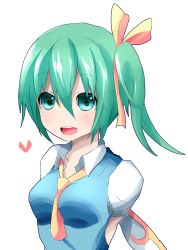 Rule 34 | 1girl, arms behind back, daiyousei, fairy wings, female focus, green eyes, green hair, heart, highres, kuromu (underporno), matching hair/eyes, necktie, open mouth, puffy sleeves, short sleeves, side ponytail, solo, touhou, white background, wings
