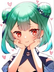 Rule 34 | 1girl, blue dress, blue sleeves, blush, closed mouth, detached sleeves, double bun, dress, green hair, hair bun, hair ornament, hands up, heart, highres, hololive, looking at viewer, puffy sleeves, red eyes, segawa luna, simple background, skull hair ornament, sleeveless, sleeveless dress, smile, solo, upper body, uruha rushia, uruha rushia (1st costume), virtual youtuber, white background, wide sleeves