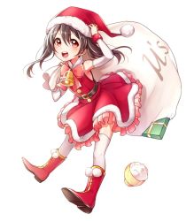 Rule 34 | &gt;:d, 10s, 1girl, :d, bad id, bad pixiv id, bell, bow, gift, hat, highres, hotechige, looking at viewer, love live!, love live! school idol project, open mouth, sack, santa costume, santa hat, simple background, skirt, smile, solo, thighhighs, twintails, v-shaped eyebrows, white background, white thighhighs, yazawa nico