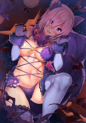 Rule 34 | 1girl, :d, animal ear fluff, animal ears, blush, breasts, detached collar, elbow gloves, eyes visible through hair, fate/grand order, fate (series), fur-trimmed gloves, fur-trimmed legwear, fur collar, fur trim, gloves, hair over one eye, head tilt, highres, kawai (purplrpouni), lace, lace-trimmed legwear, lace trim, leg up, looking at viewer, mash kyrielight, mash kyrielight (dangerous beast), medium breasts, moon, navel, night, official alternate costume, open mouth, outdoors, pink eyes, pink hair, purple gloves, revealing clothes, shiny skin, short hair, smile, solo, standing, standing on one leg, stomach, tail, tareme, thighhighs, wolf ears, wolf tail