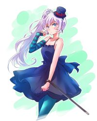 Rule 34 | 1girl, cane, detached sleeves, dress, dress straps, hat, highres, iesupa, long hair, pantyhose, ponytail, rwby, scar, scar across eye, scar on face, side ponytail, single sleeve, solo, weiss schnee, white hair