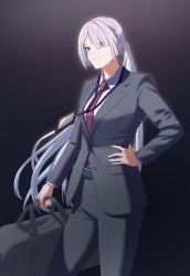 Rule 34 | 1girl, ak-15 (erwin) (girls&#039; frontline), ak-15 (girls&#039; frontline), bag, black bag, black jacket, black pants, black suit, blazer, braid, closed mouth, expressionless, feet out of frame, formal, french braid, girls&#039; frontline, hair between eyes, hand on own hip, high-waist pants, highres, holding, holding bag, ichinose (ichinose1592), jacket, long hair, looking at viewer, necktie, official style, pants, ponytail, purple eyes, red necktie, shirt, silver hair, simple background, solo, standing, suit, very long hair, white shirt
