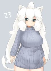 Rule 34 | 1girl, ahoge, animal ear fluff, animal ears, blush, bottomless, breasts, commentary request, covered navel, cowboy shot, expressionless, grey background, grey eyes, grey sweater, hair between eyes, highres, kemono friends, large breasts, lets0020, lion ears, lion girl, long hair, long sleeves, looking at viewer, medium bangs, numbered, open mouth, ribbed sweater, simple background, solo, sweater, very long hair, white hair, white lion (kemono friends)