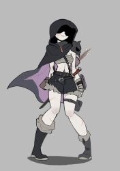 Rule 34 | 1girl, arms behind back, arrow (projectile), cloak, full body, grey background, highres, knife, mr plagu3, original, pouch, sarashi, solo, standing, thigh strap