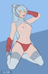 Rule 34 | 1girl, absurdres, highres, kalruna, labrys (persona), panties, persona, persona 4, ponytail, red panties, shadow labrys, silver hair, thighhighs, tongue, tongue out, underwear, yellow eyes